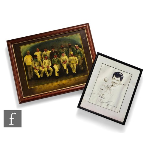 527 - A signed pen and ink sketch of Sir Richard Hadley bowling and a facsimile print of the Australian cr... 