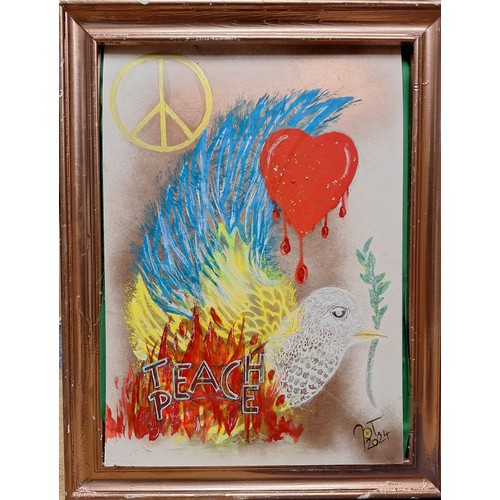 224 - Johanna Thompson (Artist) - 'Teach Peace', acrylic on board, framed, 39cm x 28cm, frame size 46cm 36... 