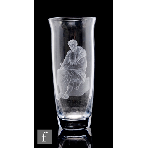 369 - A crystal glass vase, in the manner of Webb, of sleeve form, Intaglio cut with a figure of a robed m... 