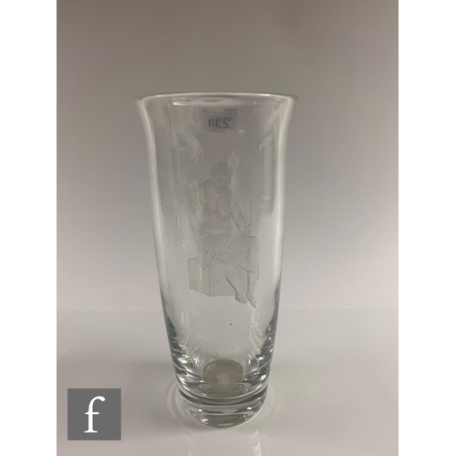 369 - A crystal glass vase, in the manner of Webb, of sleeve form, Intaglio cut with a figure of a robed m... 