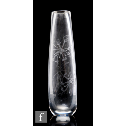 379 - A later 20th Century glass vase in the manner of Caithness, of tapering cylindrical form, engraved w... 