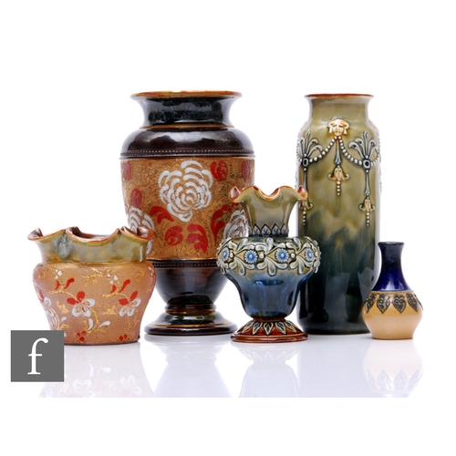 5 - A collection of Doulton Stoneware including Slaters patent Chine gilt decorated vase, inverse balust... 