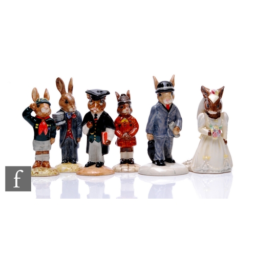 37 - Six Royal Doulton Bunnykins figures, to include Groom DB 102, Bride DB 101, Brownie DB 61, Be Prepar... 