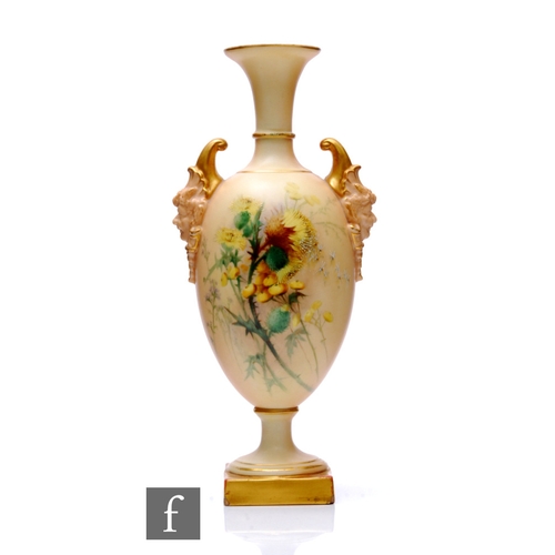 156 - A Royal Worcester pedestal vase, circa 1903, of ovoid form with trumpet form neck, twin mask handles... 