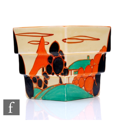 157 - Clarice Cliff - Orange Trees & House - A shape 368 fern pot circa 1930, of square stepped form h... 