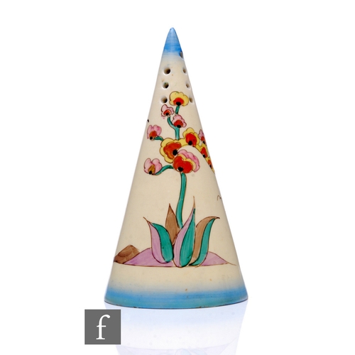 163 - Clarice Cliff - Agave - A conical sugar sifter circa 1936, hand painted with a flowering plant to a ... 