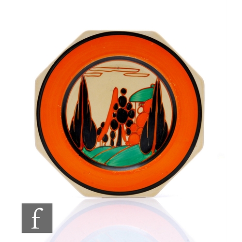 166 - Clarice Cliff - Orange Trees & House - An octagonal side plate circa 1930 hand painted with a st... 