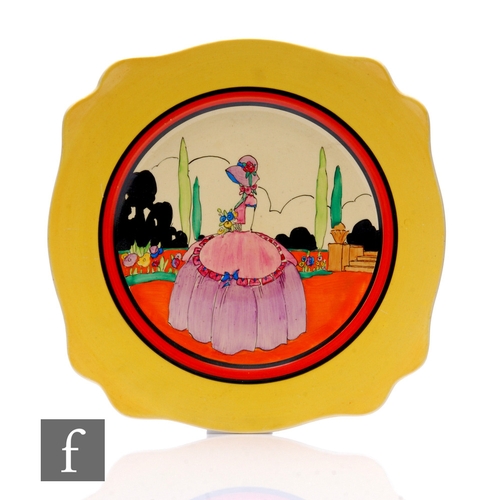 171 - Clarice Cliff - Applique Idyll - A large Leda shape plate circa 1931, hand painted with a Crinoline ... 