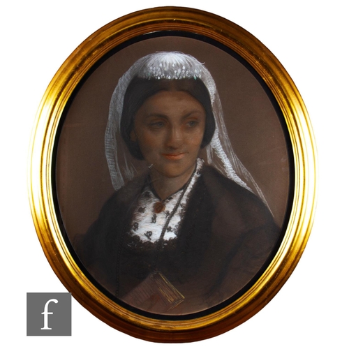 102 - ROBERT THORBURN (1818–1885) - Portrait of a lady wearing a veil and black dress, bust length, pastel... 