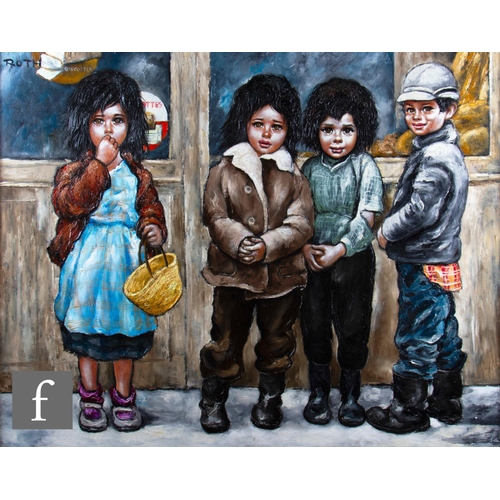 11 - ETIENNE ROTH (FRENCH, 20TH CENTURY) - Children waiting outside a bakery, oil on canvas, signed, fram... 