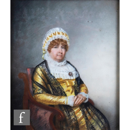 130 - ENGLISH SCHOOL (EARLY 19TH CENTURY) - Portrait of a lady wearing a yellow dress and bonnet, seated, ... 