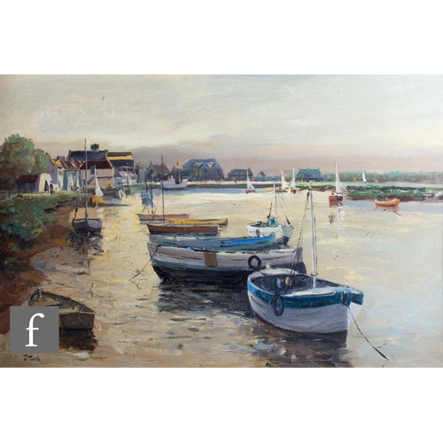 36 - J. TUCK (20TH CENTURY) - Boats docked in a river, oil on board, signed, framed, 40cm x 60cm, frame s... 