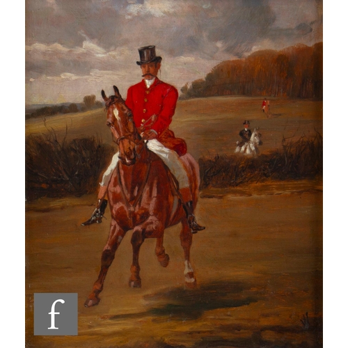 45 - ENGLISH SCHOOL (EARLY 20TH CENTURY) - Huntsman in a wooded landscape, oil on board, signed with a mo... 