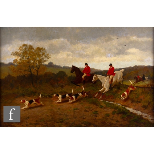 48 - CIRCLE OF J. SEYMOUR ADAMS (FLOURISHED 1884-1885) - The Hunt crossing a brook, oil on canvas, signed... 