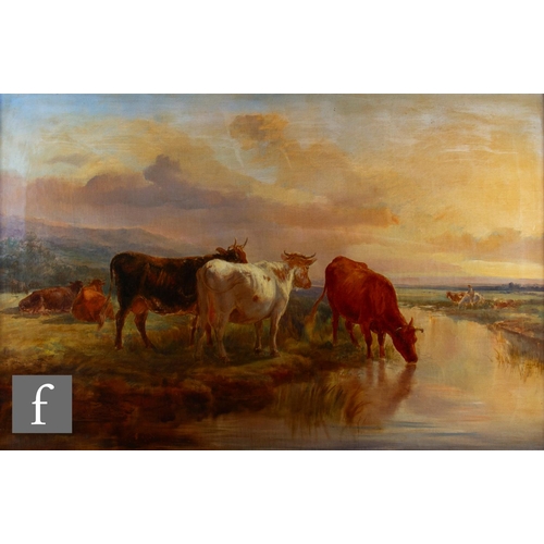 49 - FOLLOWER OF THOMAS SIDNEY COOPER (1802-1903) - 'Cows in a Water Meadow', oil on canvas, framed, 61cm... 