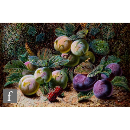 58 - OLIVER CLARE (1852-1927) - Plums and damsons on a mossy bank, oil on board, signed, framed, 16cm x 2... 