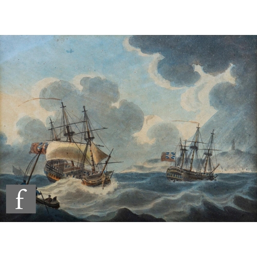 75 - CIRCLE OF NICHOLAS POCOCK (1740-1821) - A British warship at sea, watercolour, framed, 15cm x 22cm, ... 