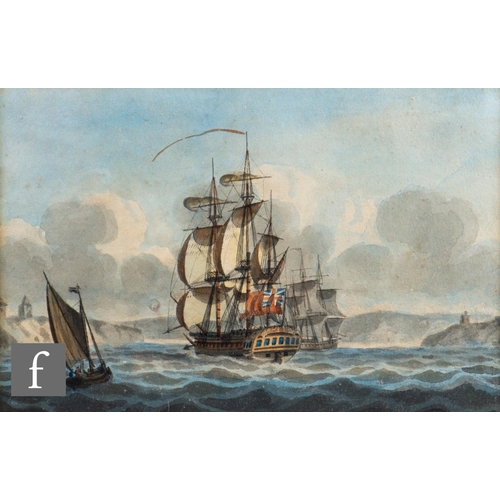 75 - CIRCLE OF NICHOLAS POCOCK (1740-1821) - A British warship at sea, watercolour, framed, 15cm x 22cm, ... 