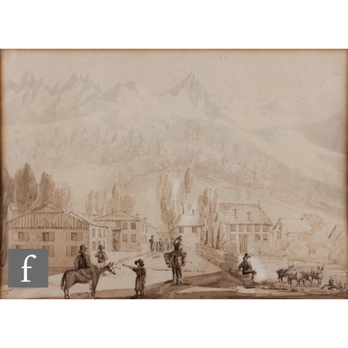 82 - ATTRIBUTED TO SELINA BRACEBRIDGE (1800-1874) - A view in Chamonix, sepia wash drawing, 22.5cm x 31cm... 