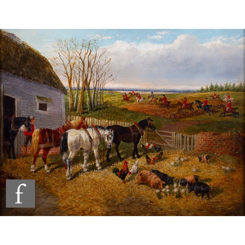 87 - AFTER JOHN FREDERICK HERRING (1795-1865) - A farmyard scene with a hunt in the distance, oil on canv... 