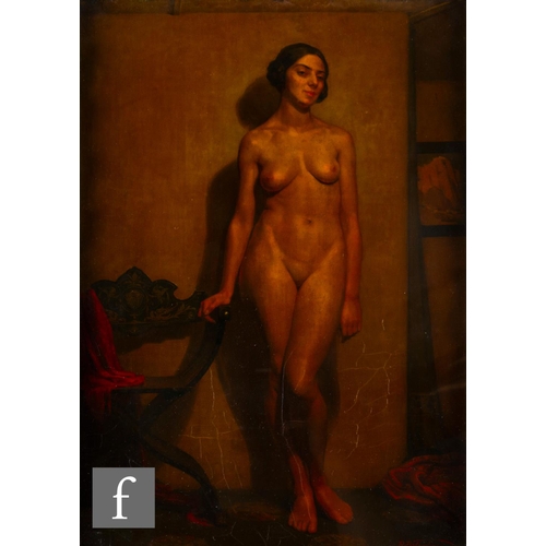 88 - REGINALD ROBERT TOMLINSON (1885–1978) - The Model, standing female nude, oil on panel, signed, retai... 