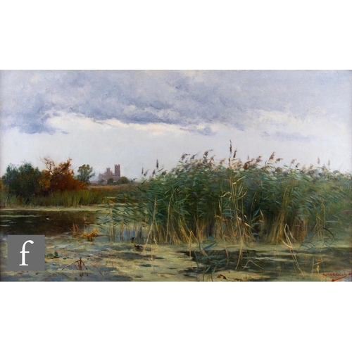 94 - FREDERICK WILLIAM NEWTON WHITEHEAD (1853-1938) - A river scene with reed bed and a church in the dis... 