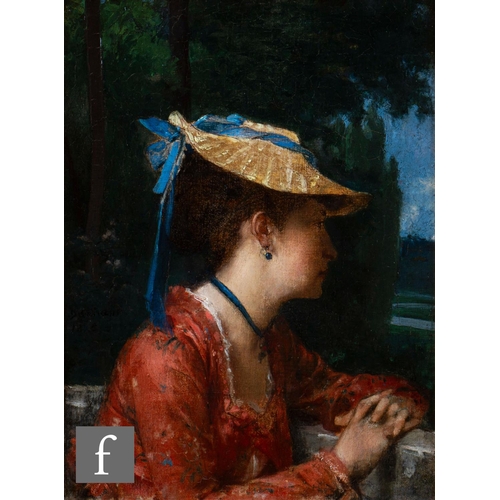 99 - P. BERTRAM (LATE 19TH CENTURY) - Pensive young lady looking over a garden, signed indistinctly, oil ... 