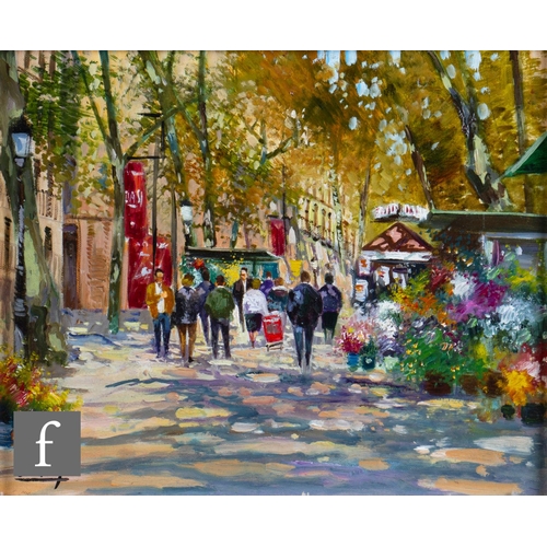 55 - DURAN (LATE 20TH CENTURY) - 'Flower Market', oil on canvas, signed, bears 'Fred Keetch Gallery, Exmo... 