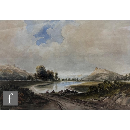 13 - FOLLOWER OF JOHN VARLEY (1778-1842) - An angler in an extensive lake landscape, watercolour, framed,... 