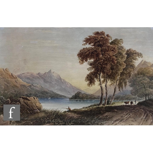 13 - FOLLOWER OF JOHN VARLEY (1778-1842) - An angler in an extensive lake landscape, watercolour, framed,... 