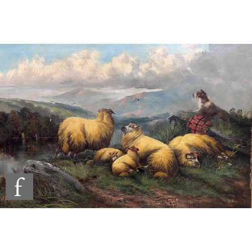 92 - JOHN W. MORRIS (1865-1924) - Sheep and a sheepdog in the Highlands, oil on canvas, signed, framed, 4... 