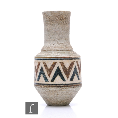 744 - Ruth Larratt - Troika Pottery - An urn vase, circa 1971-1972, painted chevrons in brown and slate bl... 