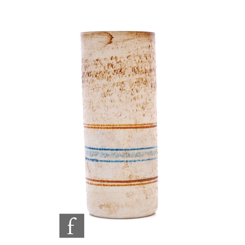 751 - Honor Curtis - Troika Pottery - A cylinder vase, the lower half decorated with a reserved band of ci... 