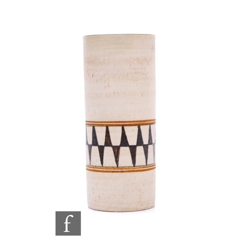 752 - Anne Lewis - Troika Pottery - A cylinder vase, decorated with opposing cogged and ochre bands, over ... 