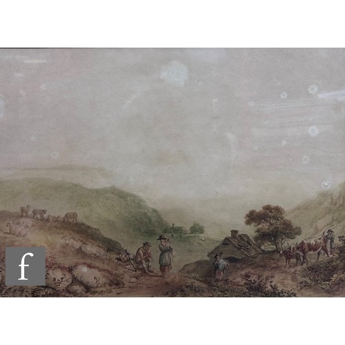 50 - MANNER OF NICHOLAS POCOCK - A drover and other figures in a mountainous landscape, watercolour, fram... 