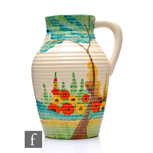 192 - Clarice Cliff - Fragrance - A single handled Lotus jug circa 1935, hand painted with a tree and gard... 