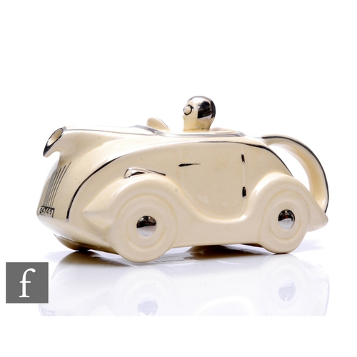 770 - Sadler - A 1930s 'Racing Car' teapot, in ivory colourway, with silvered highlights, OKT42 number pla... 