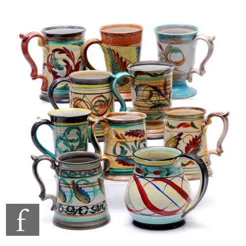 782 - Glyn Colledge - Bourne Denby - A collection of earthenware tankards, each decorated with stylised fl... 