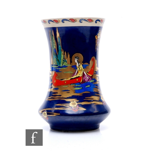 646 - Arcadian Ware - An Art Deco vase of waisted form, decorated in the Blue Lagoon pattern and highlight... 