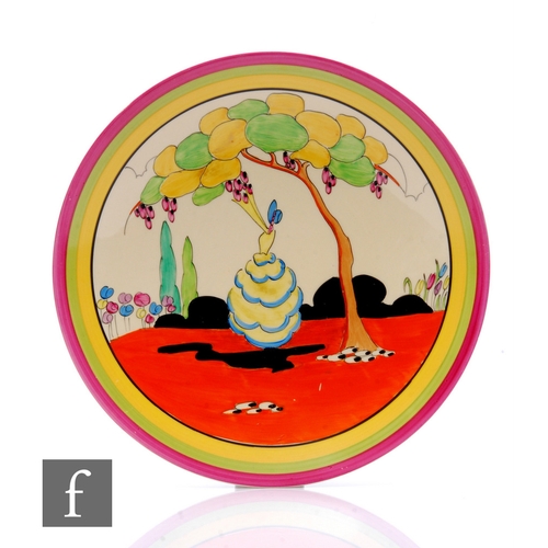 195 - Clarice Cliff - Applique Idyll - A circular dish form plate circa 1931, hand painted with a Crinolin... 