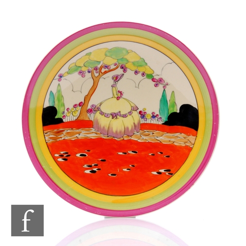 196 - Clarice Cliff - Applique Idyll - A circular dish form plate circa 1933, hand painted with a Crinolin... 