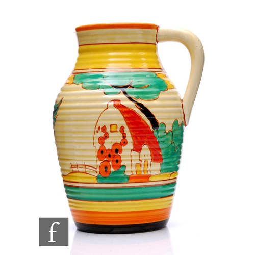 197 - Clarice Cliff - Red Roofs - A single handled Lotus jug circa 1931, hand painted with a stylised tree... 