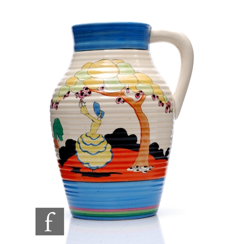 208 - Clarice Cliff - Applique Idyll - A single handled Lotus jug circa 1930, hand painted with two Crinol... 