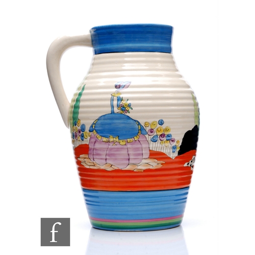 208 - Clarice Cliff - Applique Idyll - A single handled Lotus jug circa 1930, hand painted with two Crinol... 