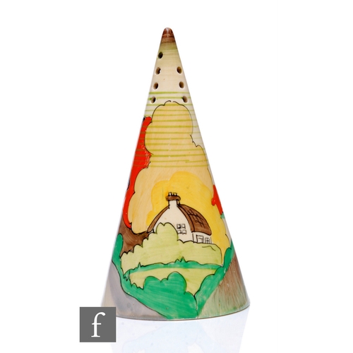 209 - Clarice Cliff - Lorna - A conical sugar sifter circa 1936, hand painted with a river side cottage la... 