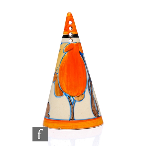 210 - Clarice Cliff - Orange Autumn - A conical sugar sifter circa 1931, hand painted with a stylised tree... 