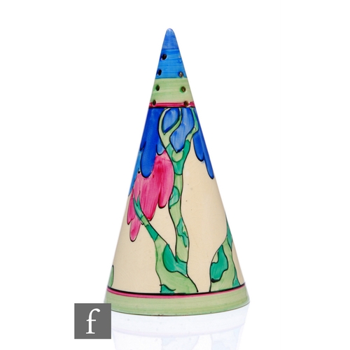 213 - Clarice Cliff - Rudyard - A Conical sugar sifter circa 1933, hand painted with a stylised tree in to... 