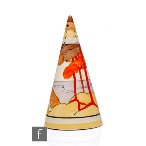 214 - Clarice Cliff - Coral Firs - A conical sugar sifter circa 1933, hand painted with a stylised tree li... 