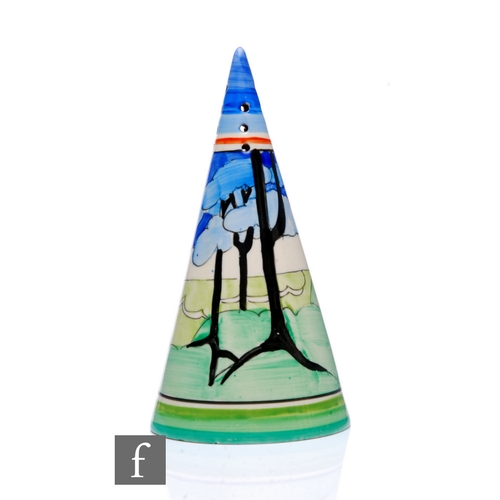 215 - Clarice Cliff - Blue Firs - A Conical sugar sifter circa 1933, hand painted with a stylised tree and... 