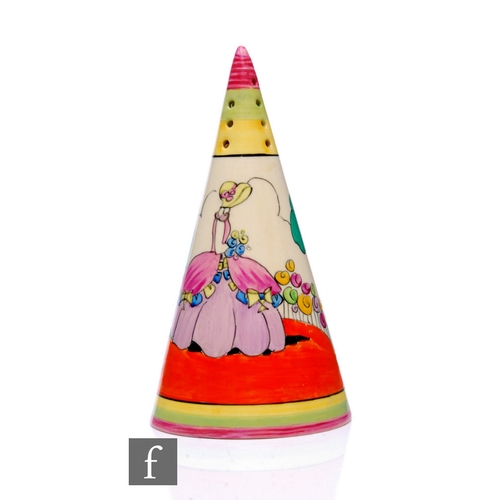 218 - Clarice Cliff - Applique Idyll - A Conical sugar sifter circa 1931, hand painted with a Crinoline la... 